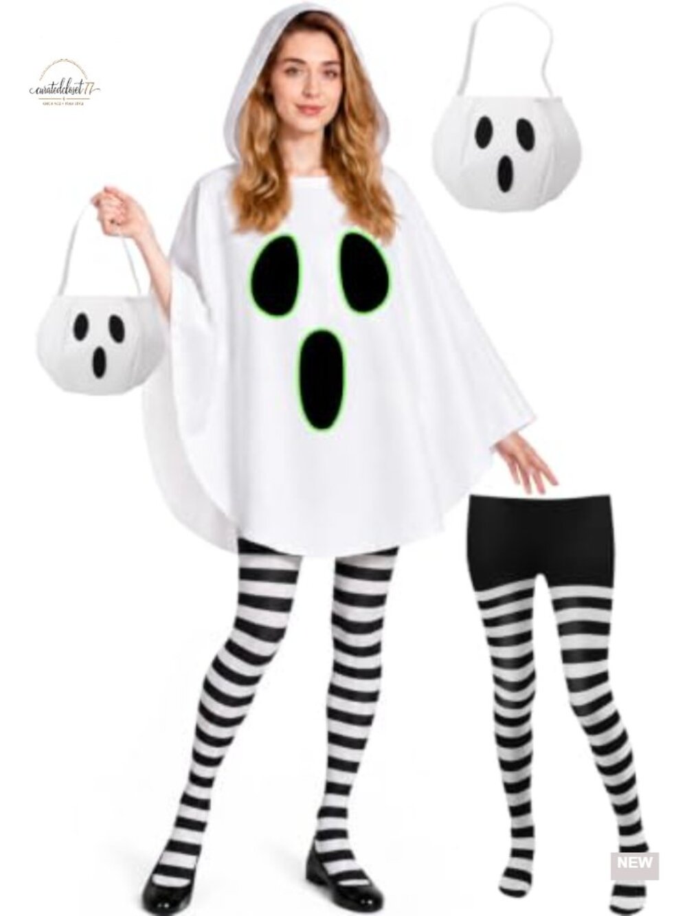 Glow in Dark Ghost Poncho Costume Set Hooded Cape Tights Candy Bag Cosplay